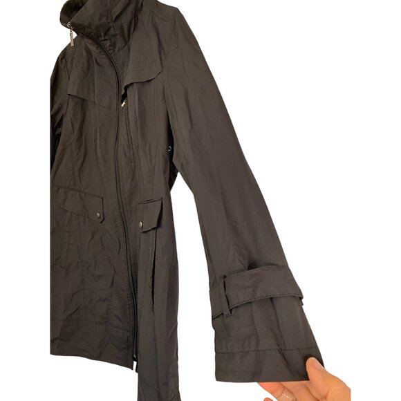 Cole Haan Womens XL Black Trench Rain Wind Coat Tuck Away Hood RJ10620 - Picture 8 of 12